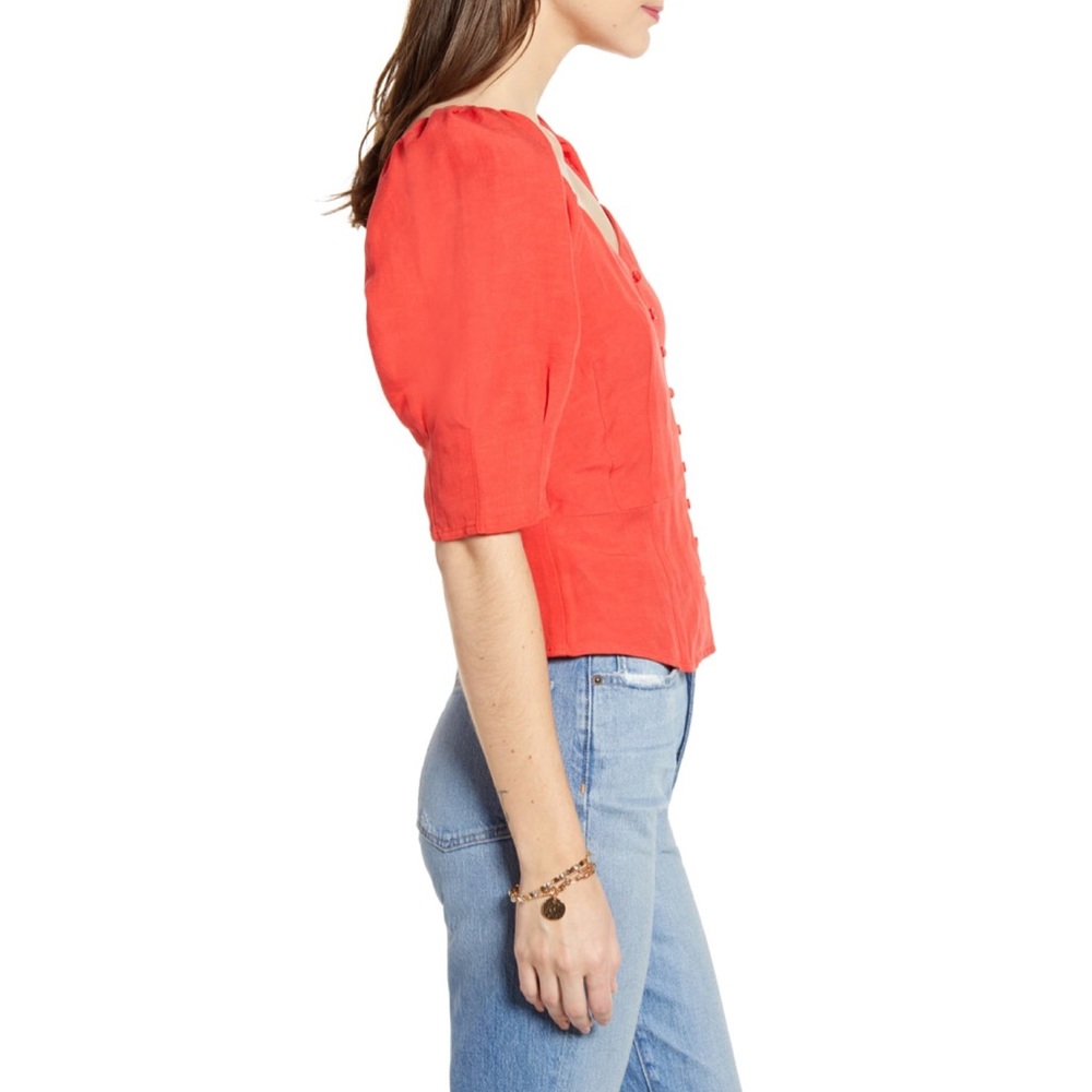 NWT Something Navy Button Down Puffer Sleeve Top - Picture 2 of 4